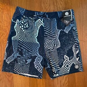 Volcom Navy and White Geometric Swim Shorts